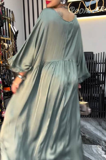 Satin V Neck Ruffle Lantern Sleeve Ruched Flowy Maxi Dress