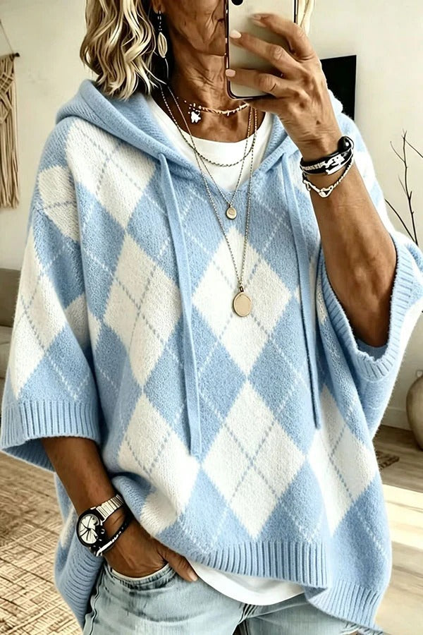 Comfortable and Casual Knit Color-blocked Plaid Print Half Sleeve Hoodie Sweater