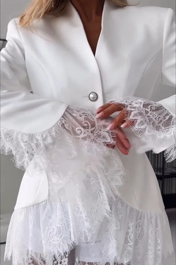 Queen Time Lace Trim V-neck Pearl Buttons Long Sleeve Loose Blazer