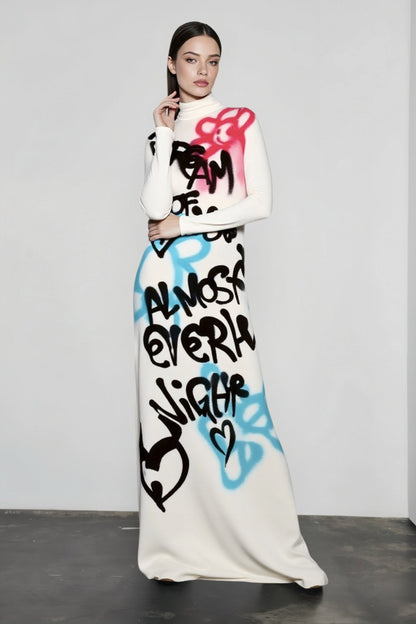 High Neck Graffiti Color Block Bodycon Maxi Dress