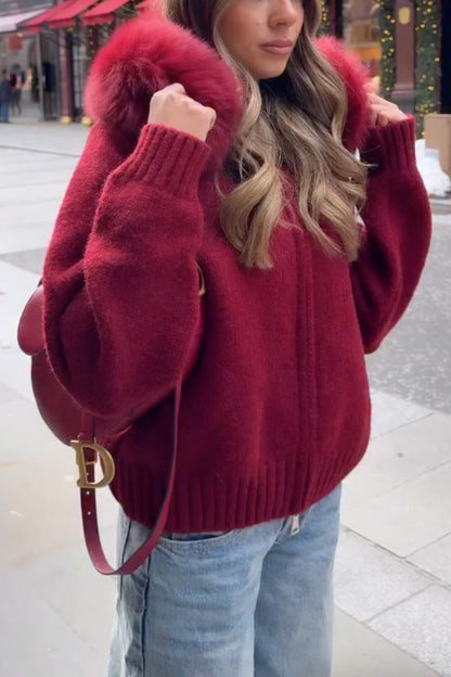 Fur-collar zip-up cardigan