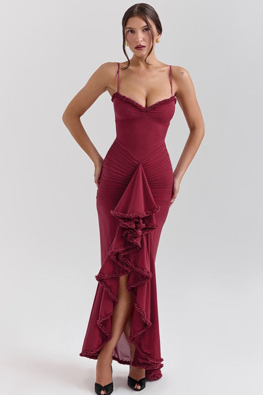 Sheer Low-Back Maxi Party Dress