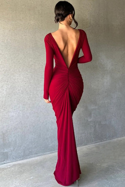 V Neck Bodycon Ruched Solid Long Sleeve Formal Dress