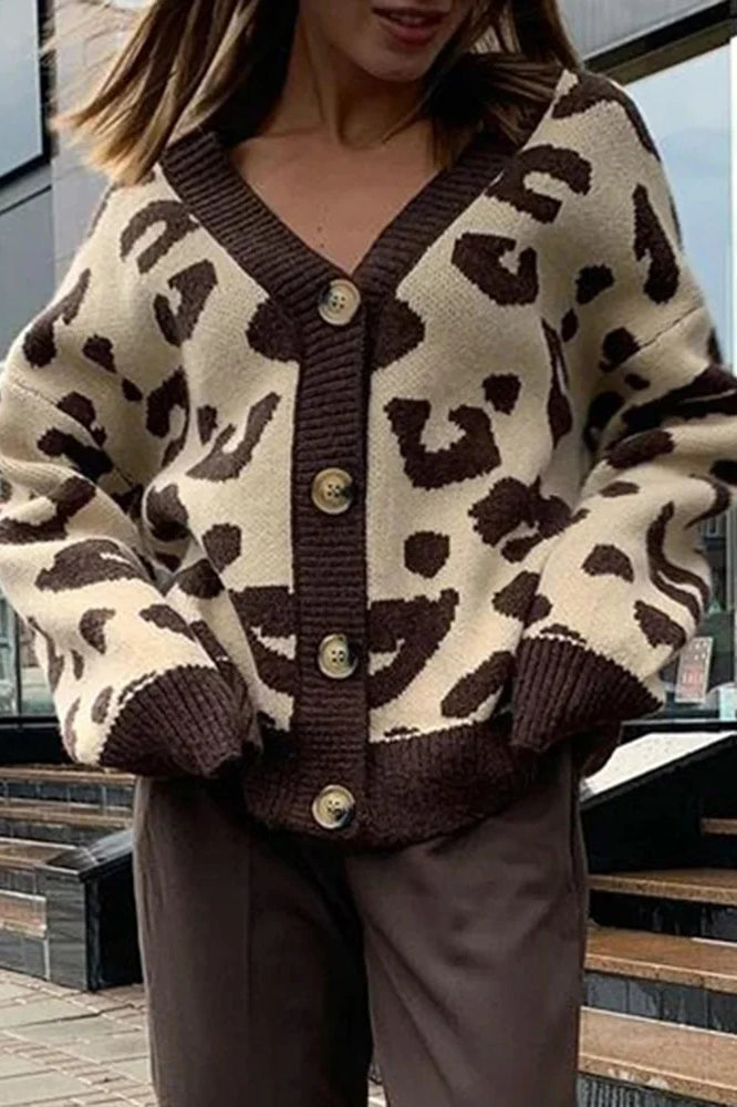Leopard Knit Button Front Cardigan