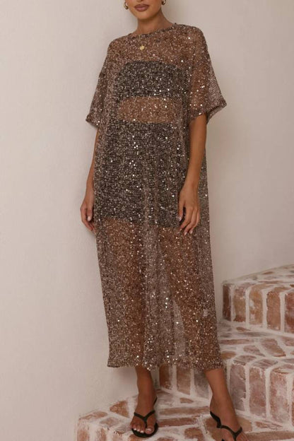 All Over Sequin Mesh Sheer Midi Cover Up Dress Crew Neck Loose Side Split Beach Party Tunic