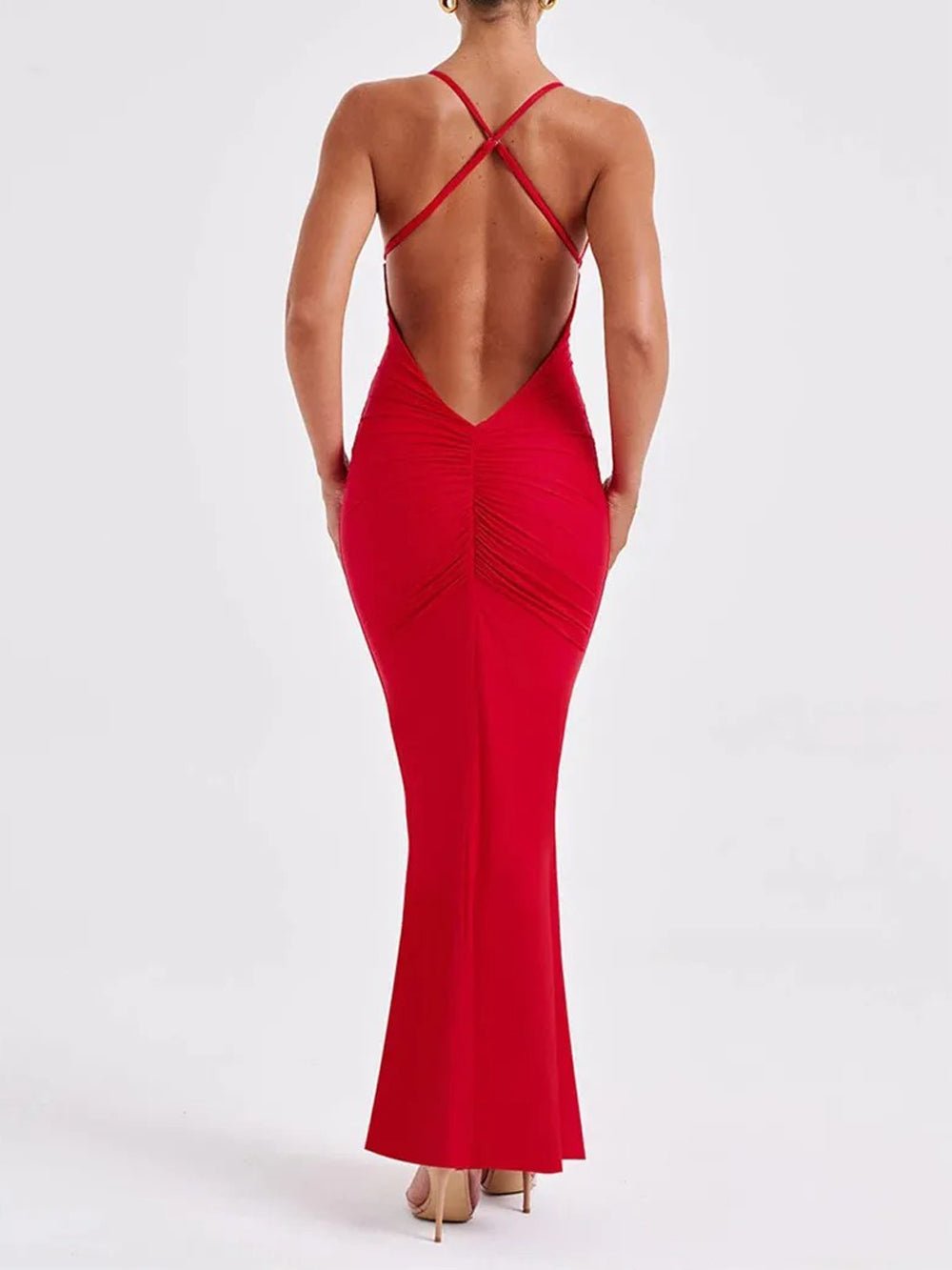 Deep V-Neck Spaghetti Strap Cross Back Mermaid Maxi Dress
