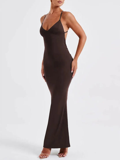 Deep V-Neck Spaghetti Strap Cross Back Mermaid Maxi Dress