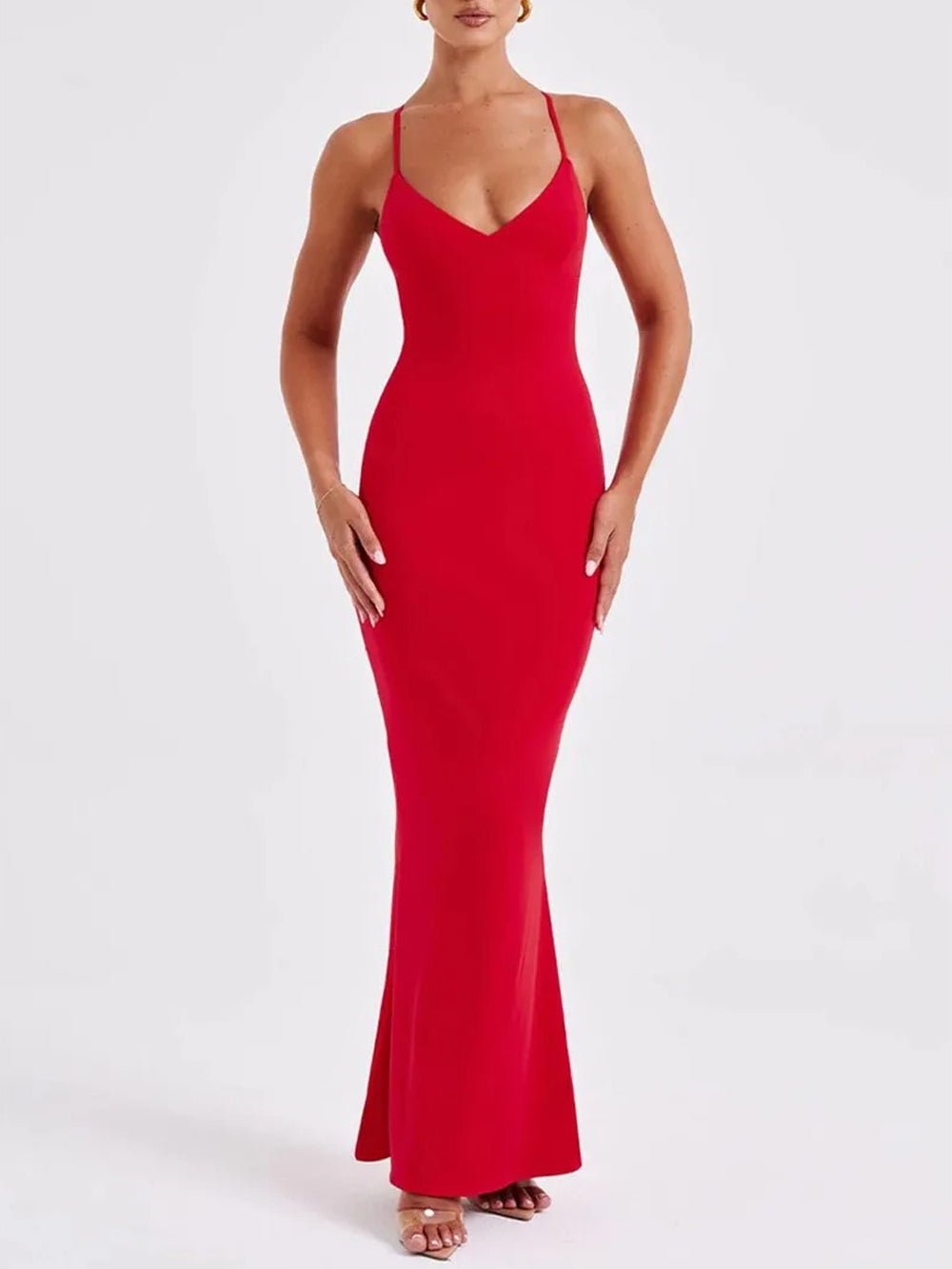 Deep V-Neck Spaghetti Strap Cross Back Mermaid Maxi Dress