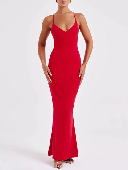 Deep V-Neck Spaghetti Strap Cross Back Mermaid Maxi Dress