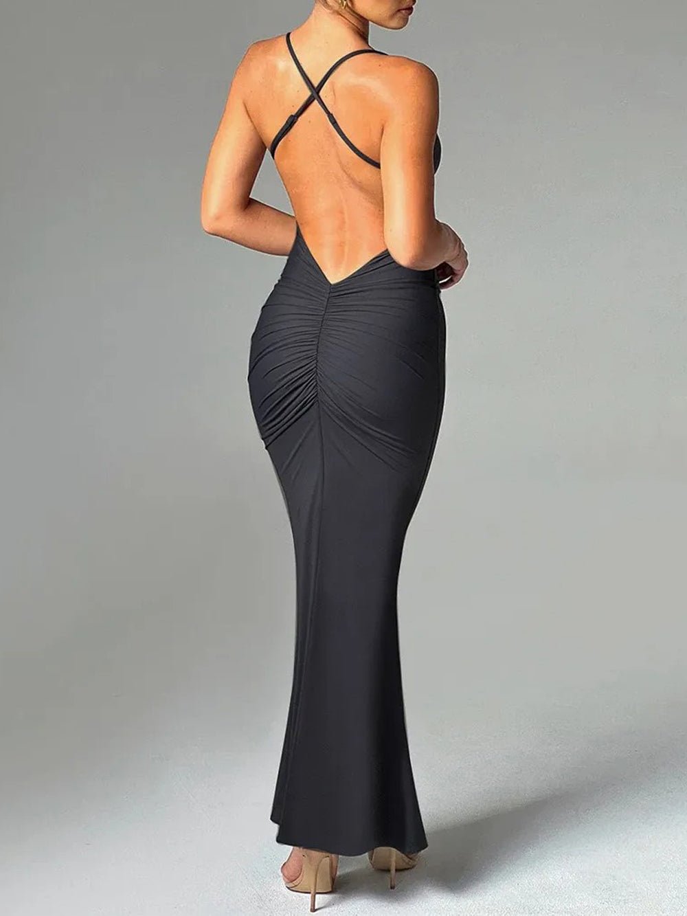 Deep V-Neck Spaghetti Strap Cross Back Mermaid Maxi Dress