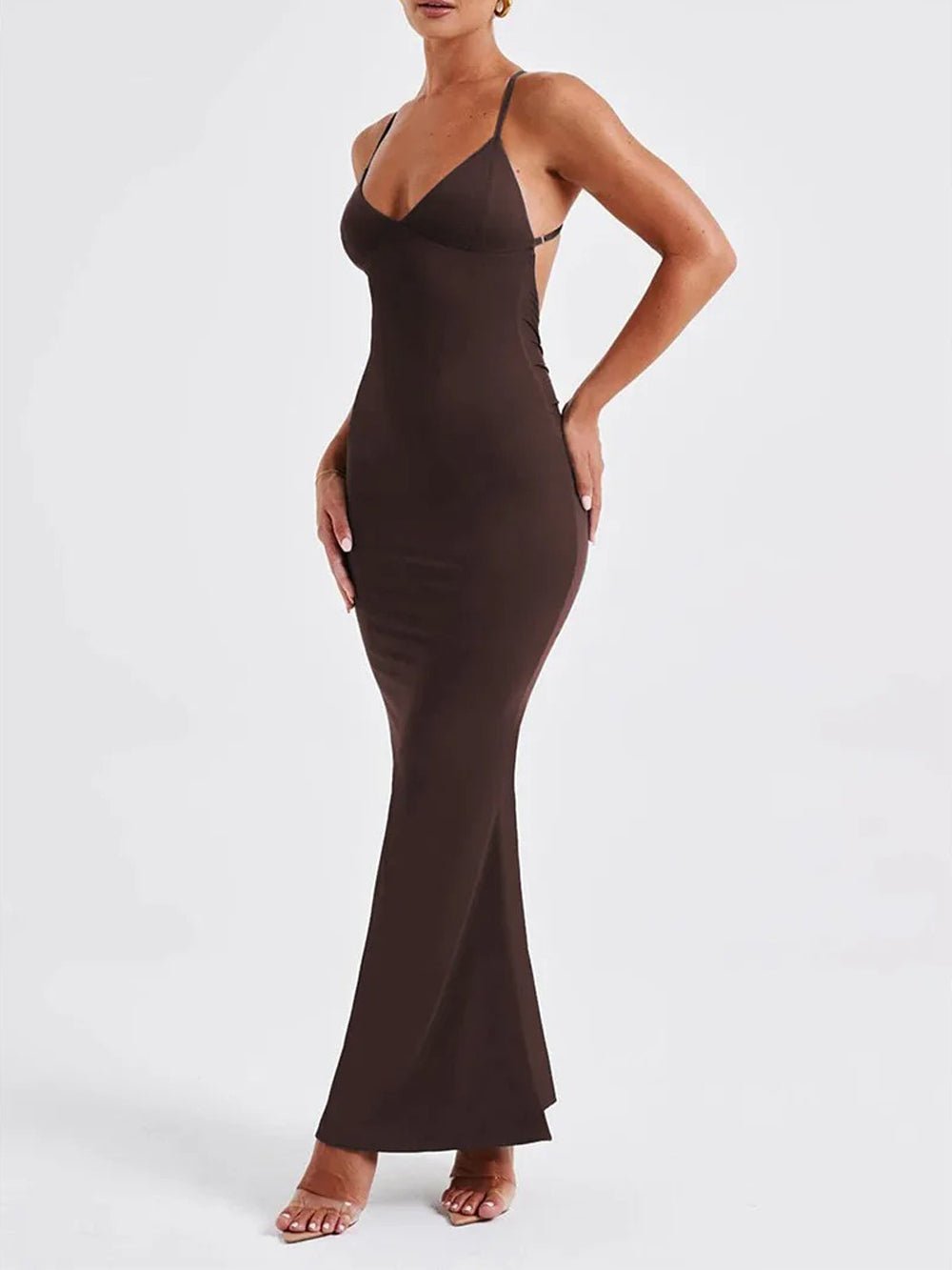 Deep V-Neck Spaghetti Strap Cross Back Mermaid Maxi Dress