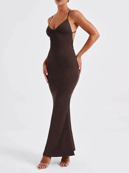 Deep V-Neck Spaghetti Strap Cross Back Mermaid Maxi Dress