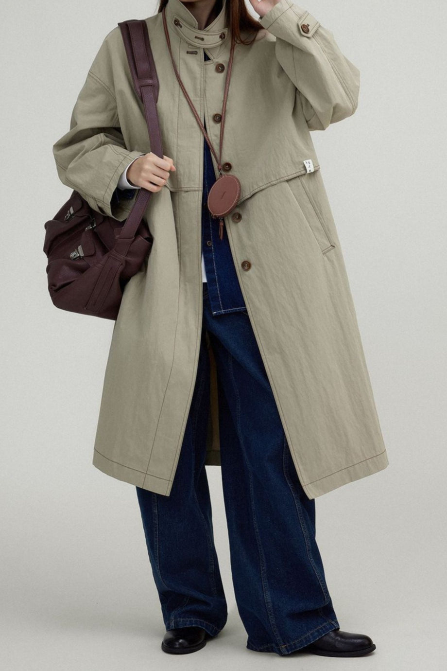 Vintage Stand Collar Wash Long Overcoat
