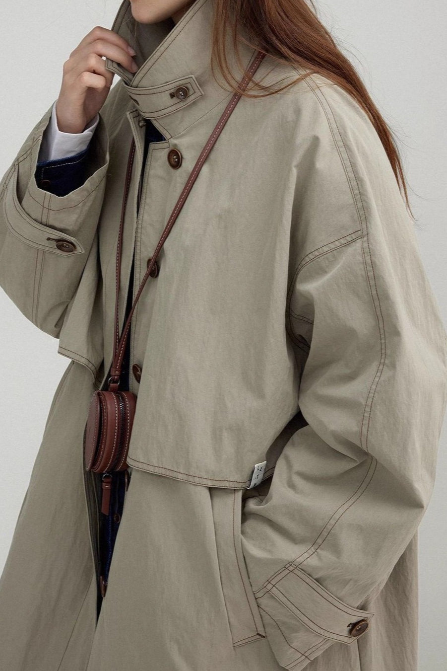 Vintage Stand Collar Wash Long Overcoat