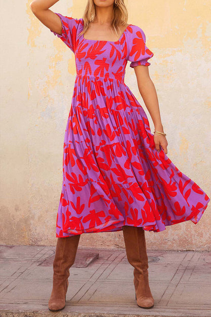 Botanical print puff sleeve A-line dress