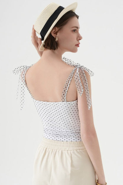 Polka Dot Halter Cropped Ruched Tie Front Tank Top