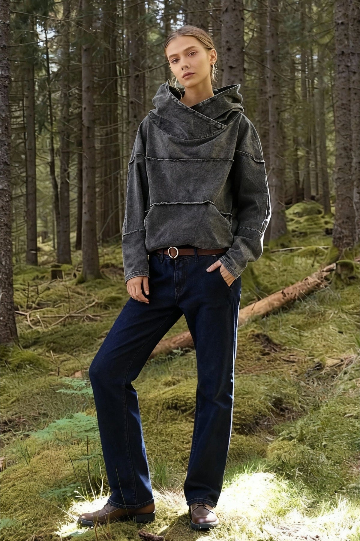Hooded Effect Color Denim Washed Solid Sweatshirt