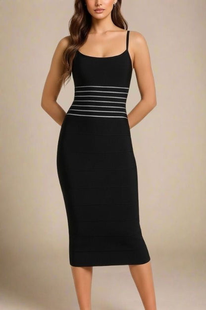 Classic Black Bandage Spaghetti Strap Waist Stripe Bodycon Midi Dress