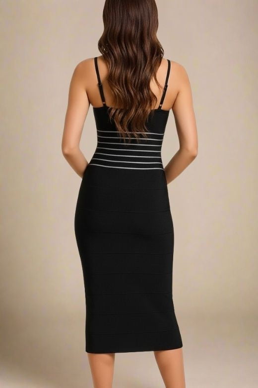 Classic Black Bandage Spaghetti Strap Waist Stripe Bodycon Midi Dress