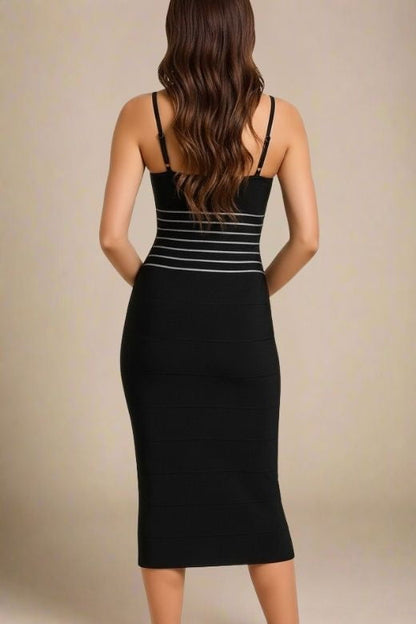 Classic Black Bandage Spaghetti Strap Waist Stripe Bodycon Midi Dress