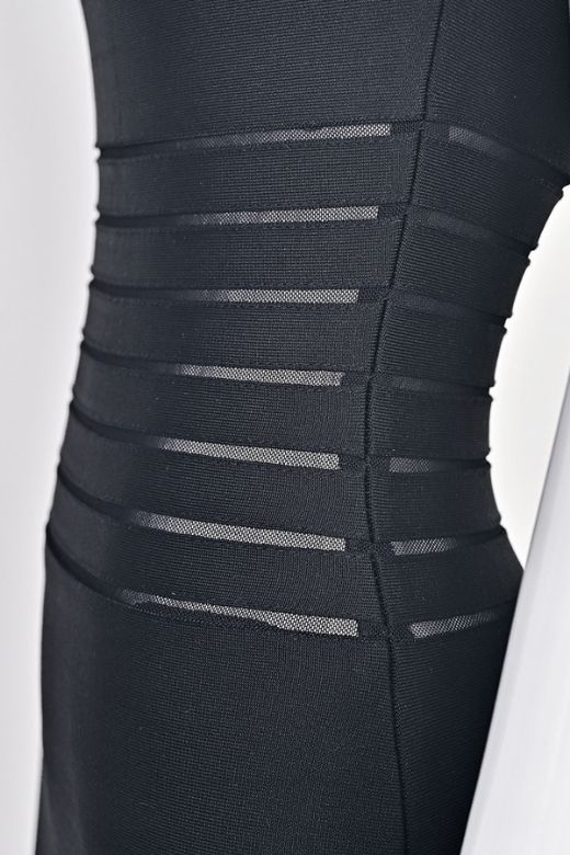 Classic Black Bandage Spaghetti Strap Waist Stripe Bodycon Midi Dress