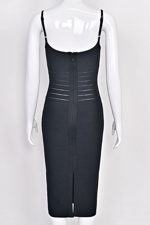 Classic Black Bandage Spaghetti Strap Waist Stripe Bodycon Midi Dress