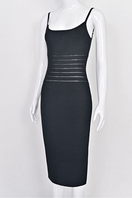 Classic Black Bandage Spaghetti Strap Waist Stripe Bodycon Midi Dress