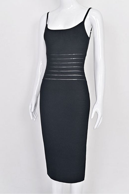 Classic Black Bandage Spaghetti Strap Waist Stripe Bodycon Midi Dress