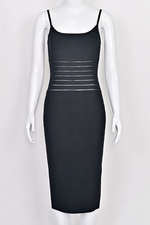Classic Black Bandage Spaghetti Strap Waist Stripe Bodycon Midi Dress