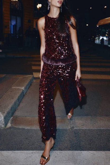 Gala Goddess Sequin High Rise Zipper Waist Wide Leg Pants