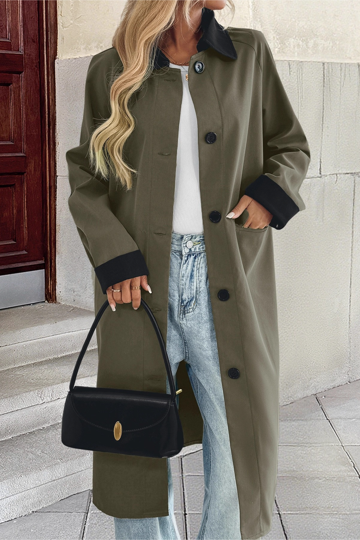Lapel Color Block Single Breasted Long Office Casual Overcoat