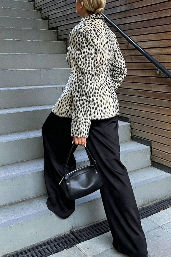 Nasha Faux Fur Leopard Print Button Up Long Sleeve Lapel Jacket