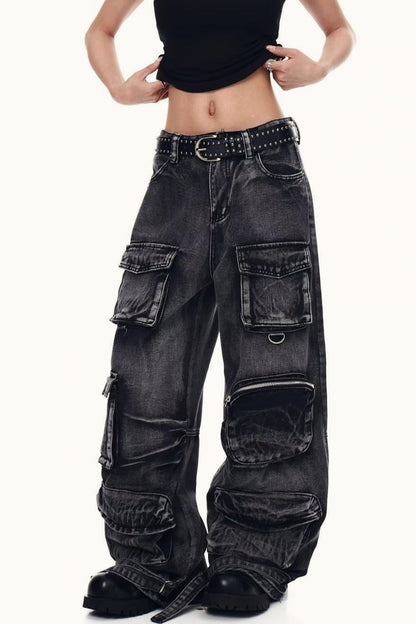 Distressed Washed Utility Multi Pocket Loose Jeans