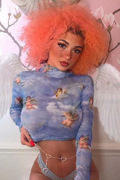 Mock Neck Cupid Print Mesh Long Sleeve Crop Top