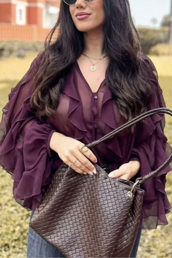 V-Neck Multi-Layer Ruffle Chiffon Lantern Sleeve Blouse