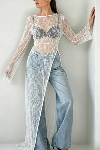 Sheer Lace Round Neck Slit Maxi Dress