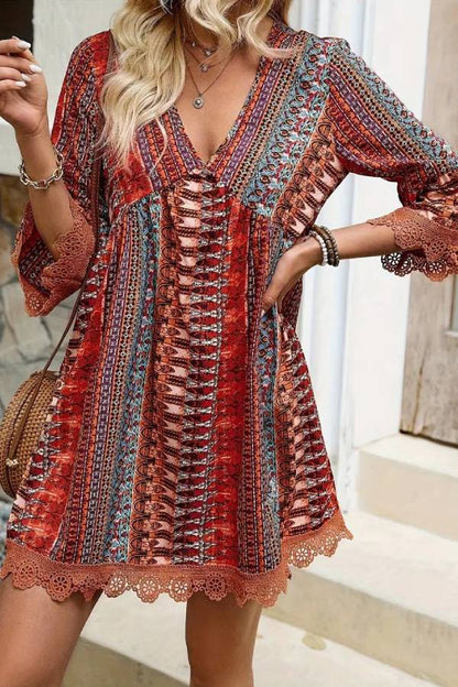 Bohemian Ethnic Print V-Neck Lace Trim Bell Sleeve Babydoll Dress