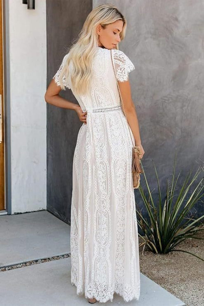 Lace V Neck Short Sleeve Hollow Out Boho Dress