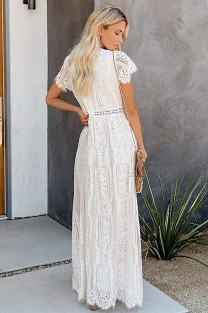 Lace V Neck Short Sleeve Hollow Out Boho Dress