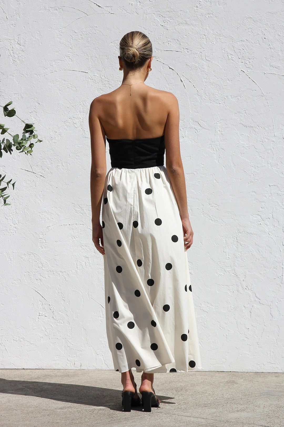 Polka Dot Strapless Solid Bodice A-Line Maxi Dress