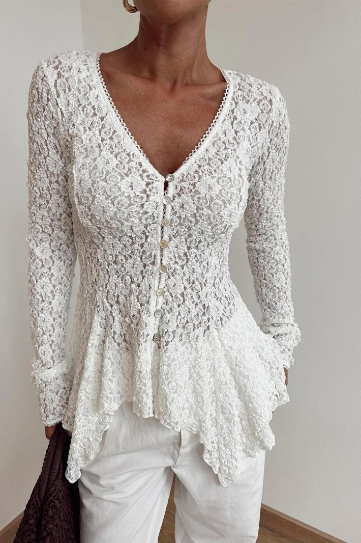 Lace Button Front Slim Elegant Versatile Long Sleeve Blouse