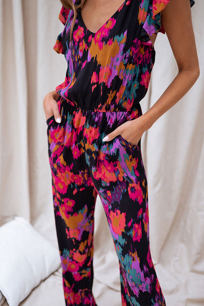 Nicola Watercolor Splash Ink Printed Elastic Waist Pocketed Jumpsuit