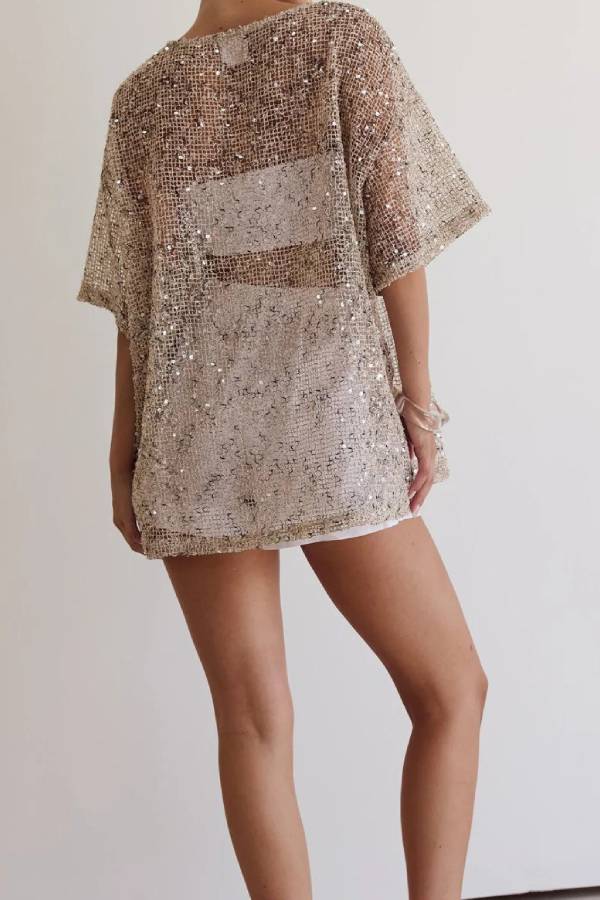 Sequin Mesh Sheer Oversized Tunic Top Round Neck Loose Mid Sleeve Party Cover Up