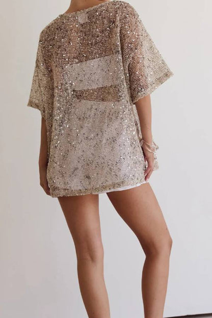 Sequin Mesh Sheer Oversized Tunic Top Round Neck Loose Mid Sleeve Party Cover Up