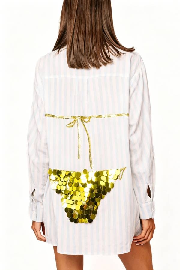 Vacation Vibe Gold Sequin Bikini Pattern Blue & White Stripe Button Up Pocket Tunic