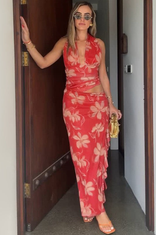 Halter Deep V Ruffle Patchwork Cutout Long Floral Dress