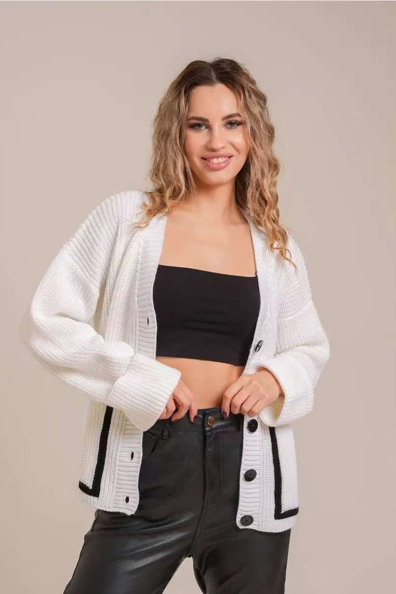 Pocket Color Block V Neck Cardigan