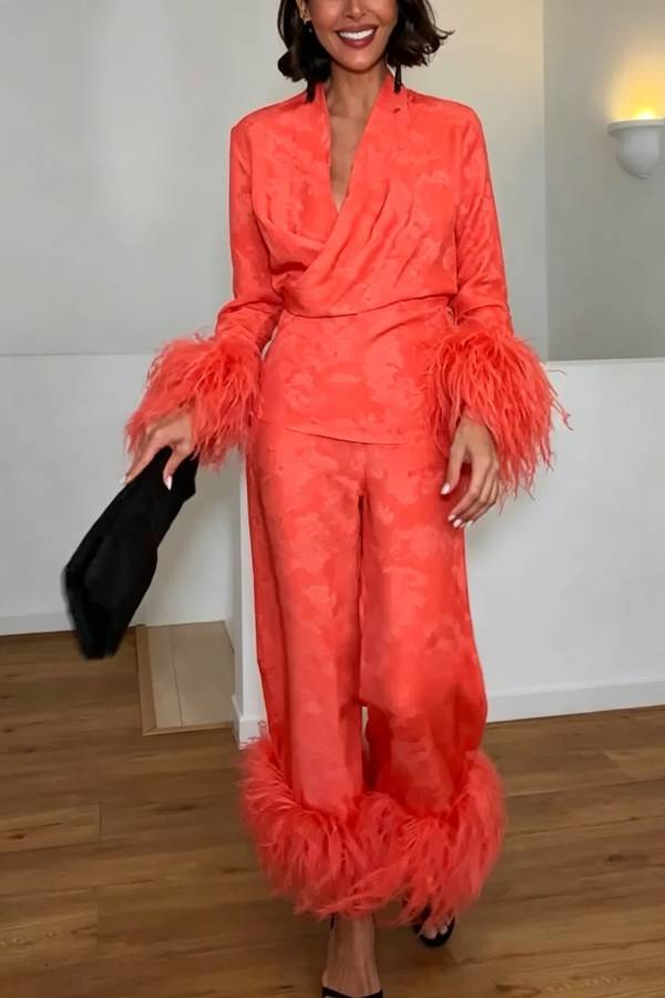 Nolana Satin Jacquard Print Feather Trim Warp Blouse and Elastic Waist Loose Pants Set