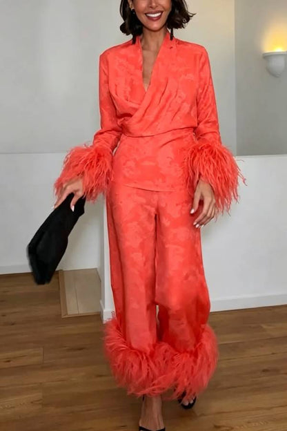 Nolana Satin Jacquard Print Feather Trim Warp Blouse and Elastic Waist Loose Pants Set