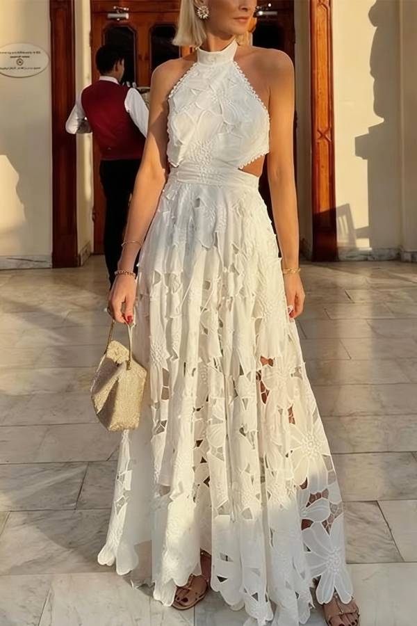 Sevilla Sun Embroidery Crochet Flowers Cutout Waist Halter Backless Maxi Dress